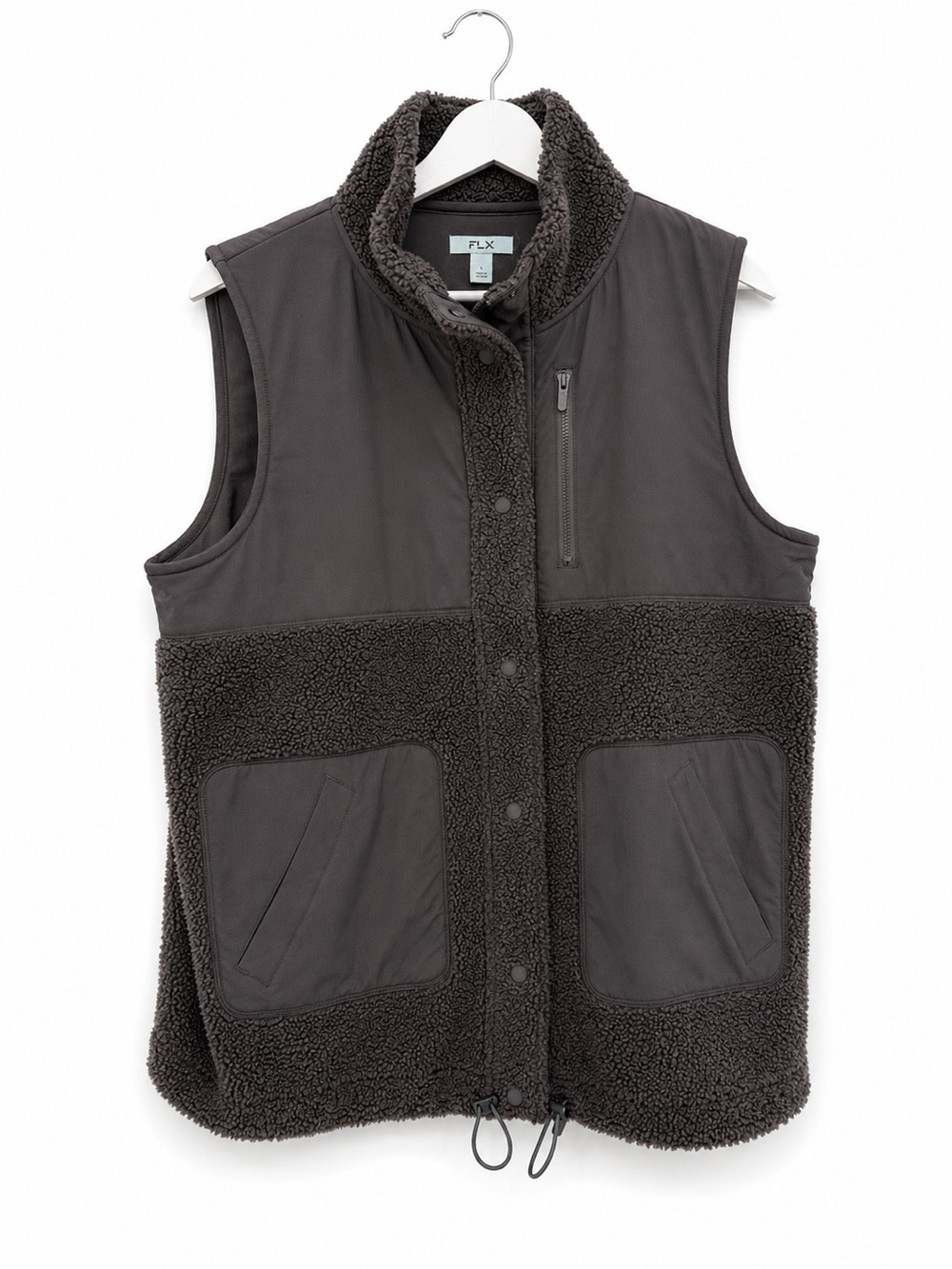 FLX Gray Sherpa Mens Vest Snap Button Size Large Zipper Pockets